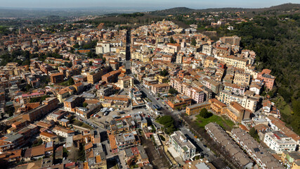 Aerial view of Genzano di Roma, a town and comune in the Metropolitan City of Rome, Italy. The historic center is located in the Alban Hills and one of the Castelli Romani.