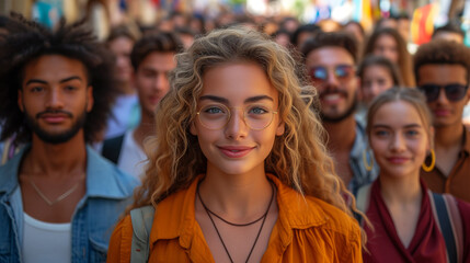 Fototapeta premium Cohesion in Contrast Young Person's Portrait with a Vibrant Multiracial Background