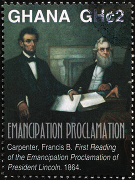 First reading of the emancipation proclamation on postage stamp