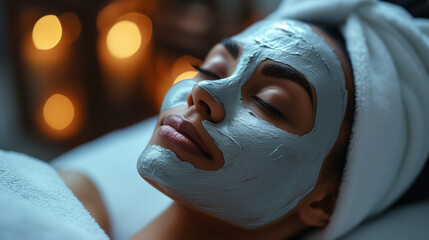Serene Rejuvenation Woman Embraces Spa Indulgence with a Cosmetic Facial Mask - obrazy, fototapety, plakaty