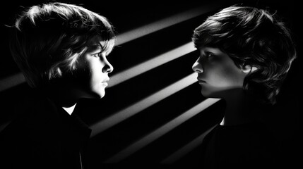 Artistic black and white image of siblings with striking contrast between light and shadow, highlighting their profiles.