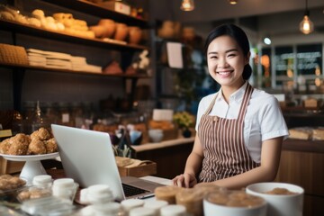 Young Asian woman seller in apron smiling and using computer while standing at ready counter in supermarket