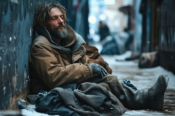 Homeless beggar sitting on ground on street. Poor, hungry, frozen, sick homeless old man on street in winter. Poverty, misery, bankruptcy, crisis, social welfare, Generative AI