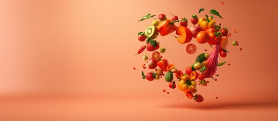banner, flying Vegetables and fruits in the shape of a heart on peach fuzz background. Concept of healthy eating, vegetarianism, health care, health day, with copy space