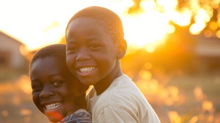 Two brothers share a joyful moment, basking in the radiant light of a serene sunset.