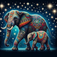 Majestic Decorated Elephants Under Starry Sky