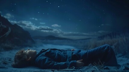 Fototapeta premium A young boy lies on the ground, lost in contemplation under a vast, starry night sky.