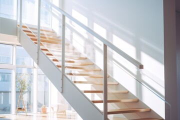 Interior view of modern home staircase with white stairs and wooden handrails