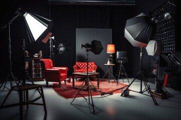 Interior of modern photography studio and professional camera