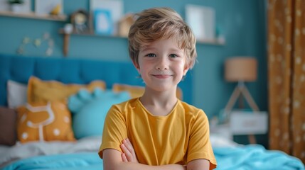 A young boy in a yellow shirt standing on the bed, AI