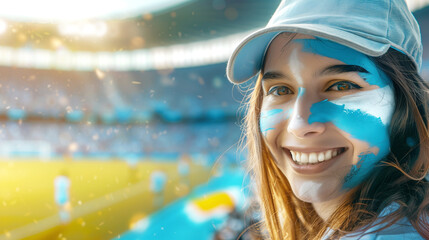 Argentinian young woman football fans celebrating their team's victory at stadium. AI Generative. - obrazy, fototapety, plakaty