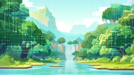 Digital Illustration of a Rainforest with Waterfall in Stylized Geometry.