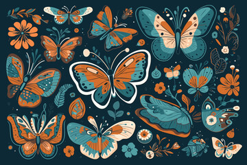 Butterflies seamless texture, pattern with butterflies, background with insects, vector illustration
