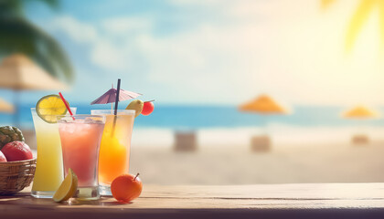 Cocktail glasses with alcohol and berries on the beach