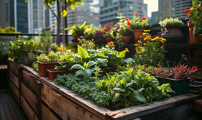 Fototapeta na wymiar Wooden raided beds in an urban garden growing plants herbs spices vegetables and flowers in the city. Sustainable living lifestyle, Generative AI