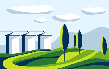 Abstract Landscape - hills, trees and silo towers © Dmitry Kovalchuk