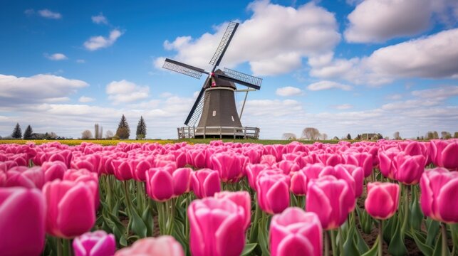 Pink tulips bloom in traditional Dutch style.
