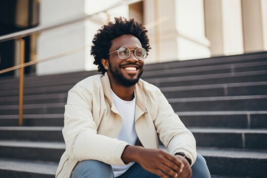 Black man with glasses sits on white street steps and happily looks away.