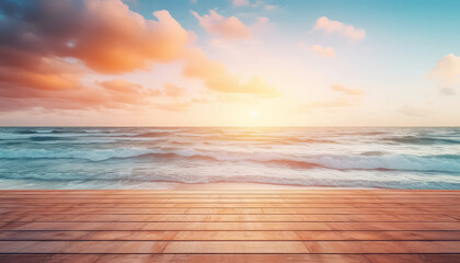 Beautiful sunset on the sea from the pier wooden - obrazy, fototapety, plakaty