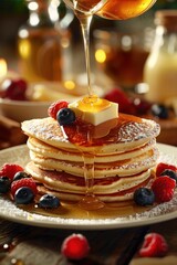 photograph of Pouring honey on a stack of fluffy breakfast pancakes with berries and butter telephoto lens realistic lighting --ar 2:3 --v 6 Job ID: fb2d42e5-0972-49ea-a8f7-8d341494e394