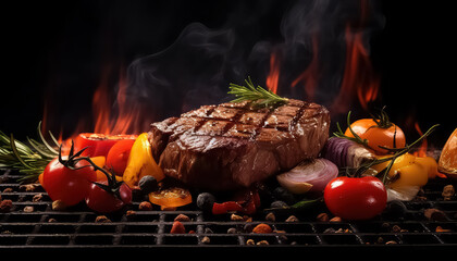 Meat is grilled with vegetables