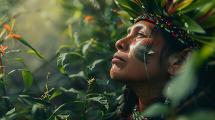 A portrait of an indigenous woman adorned in traditional attire, peacefully connecting with the lush flora around her
