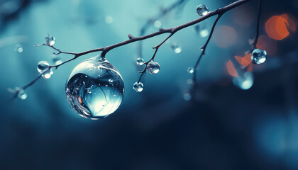 A drop of rain or dew on a bare branch
