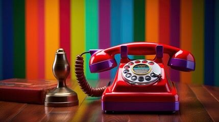 Retro fashioned telephone with handset placed on wooden table against colorful green and purple striped background