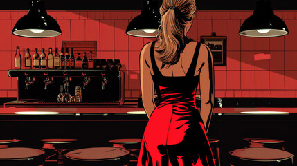 A woman in a red dress standing at the bar, AI