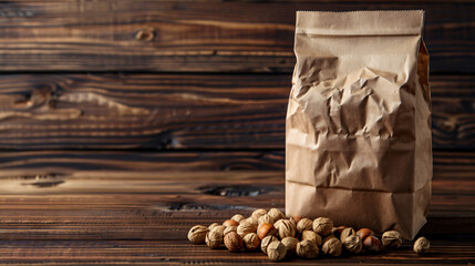Paper bag with nuts on wooden background