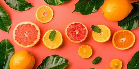Fresh citrus fruits and leaves on a vibrant background