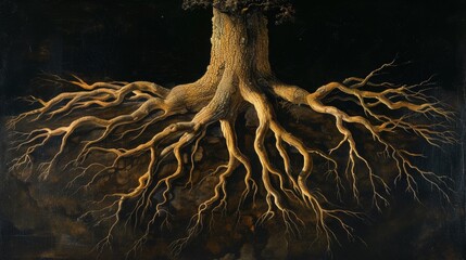 A painting of a tree with roots and branches, AI
