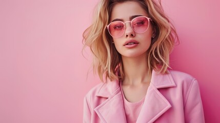A woman in a pink jacket and sunglasses against a wall, AI