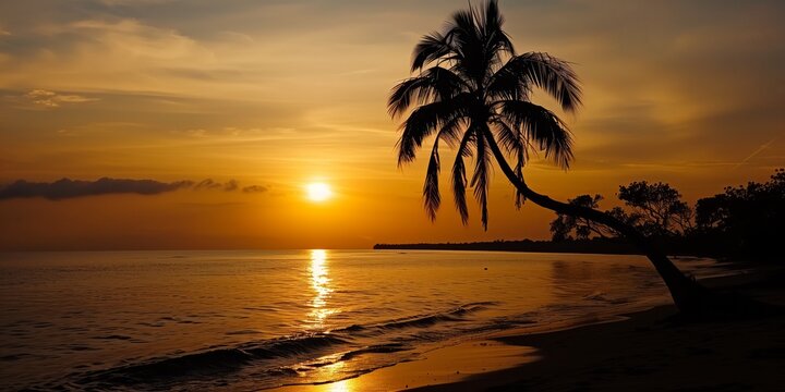 Tropical beach sunset with silhouette of palm tree