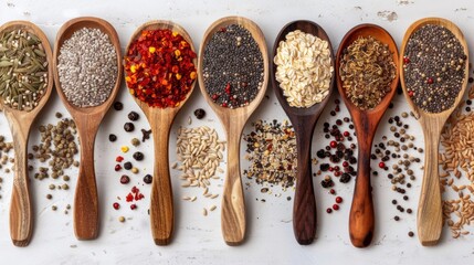 A row of wooden spoons with different types and amounts of seeds, AI