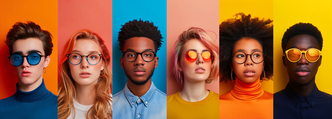 A vibrant collage of diverse young people, each wearing different styles and colors of glasses - obrazy, fototapety, plakaty