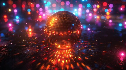 A disco ball is surrounded by colorful lights on a dark background, AI