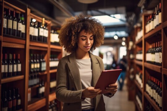 Beautiful woman holds tablet in wine market in supermarket