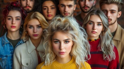 Fototapeta premium A group of people standing in front of each other with one person having a different expression, AI