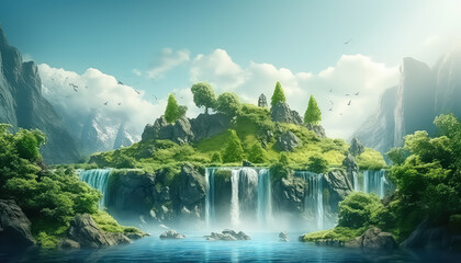 Stunning views of the hills and waterfalls at Hanging Fantasy Island - obrazy, fototapety, plakaty