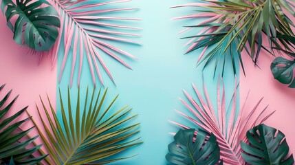 Tropical leaves on a pink and blue background, AI