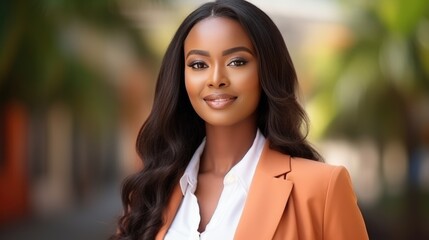 Fototapeta premium Radiant Businesswoman in Stylish Orange Blazer Outdoors.
