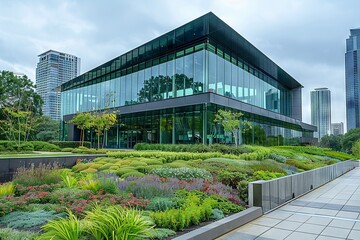 Fototapeta premium Green-Roofed City Office Building Against Urban Skyline