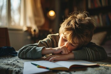 Sad tired child doing his homework. The boy struggles with reading, writing and solving math problems at home. Education, school, learning disability, Generative AI - obrazy, fototapety, plakaty