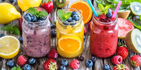 Colorful fresh fruit smoothies in jars on wooden background - obrazy, fototapety, plakaty
