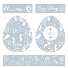 Set of templates for decorating Easter eggs. Happy Easter. Seamless Easter pattern on blue background with white silhouette of Easter bunnies and eggs in vintage style with floral elements.