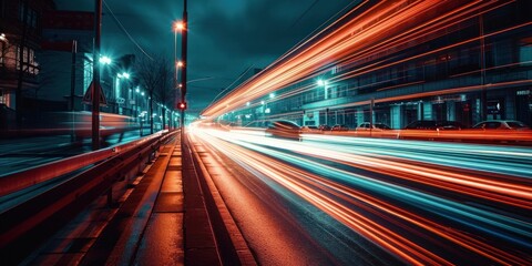 Fototapeta na wymiar Cars lights on the road of modern city at night time. Timelapse, hyperlapse of transportation. Motion blur, light trails, abstract soft glowing lines, Generative AI