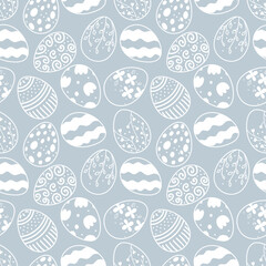 Seamless Easter pattern on blue background with white silhouette of Easter bunnies and eggs in vintage style with floral elements. Unique design template for holiday decorations, printing and web use.