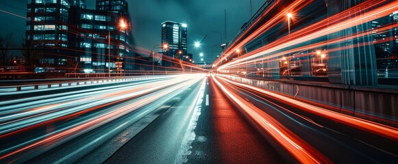 Fototapeta na wymiar Cars lights on the road of modern city at night time. Timelapse, hyperlapse of transportation. Motion blur, light trails, abstract soft glowing lines, Generative AI