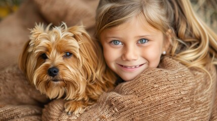 A little girl with a brown dog wrapped in a blanket, AI